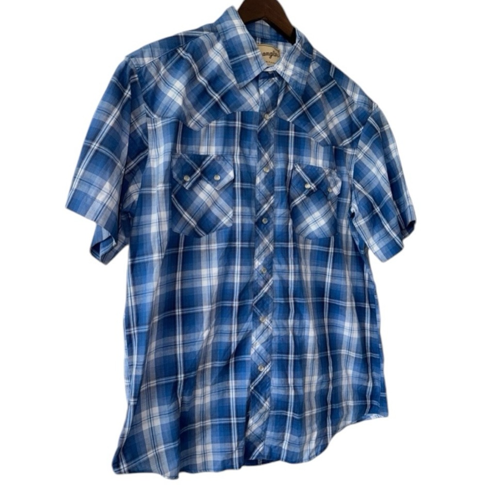 Wrangler Men’s Western Pearl Snap Button Up Short Sleeve Blue Plaid Shirt Sz L